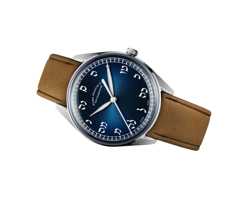 ELKA X14-0804 Automatic Gradient Blue Hebrew Dial & Cognac Suede