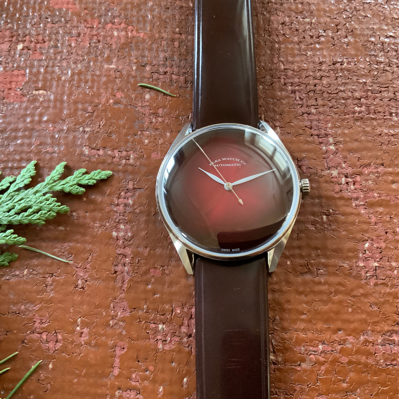 ELKA S02-0810 Automatic Burgundy Gradient Dial & Brown Leather Strap