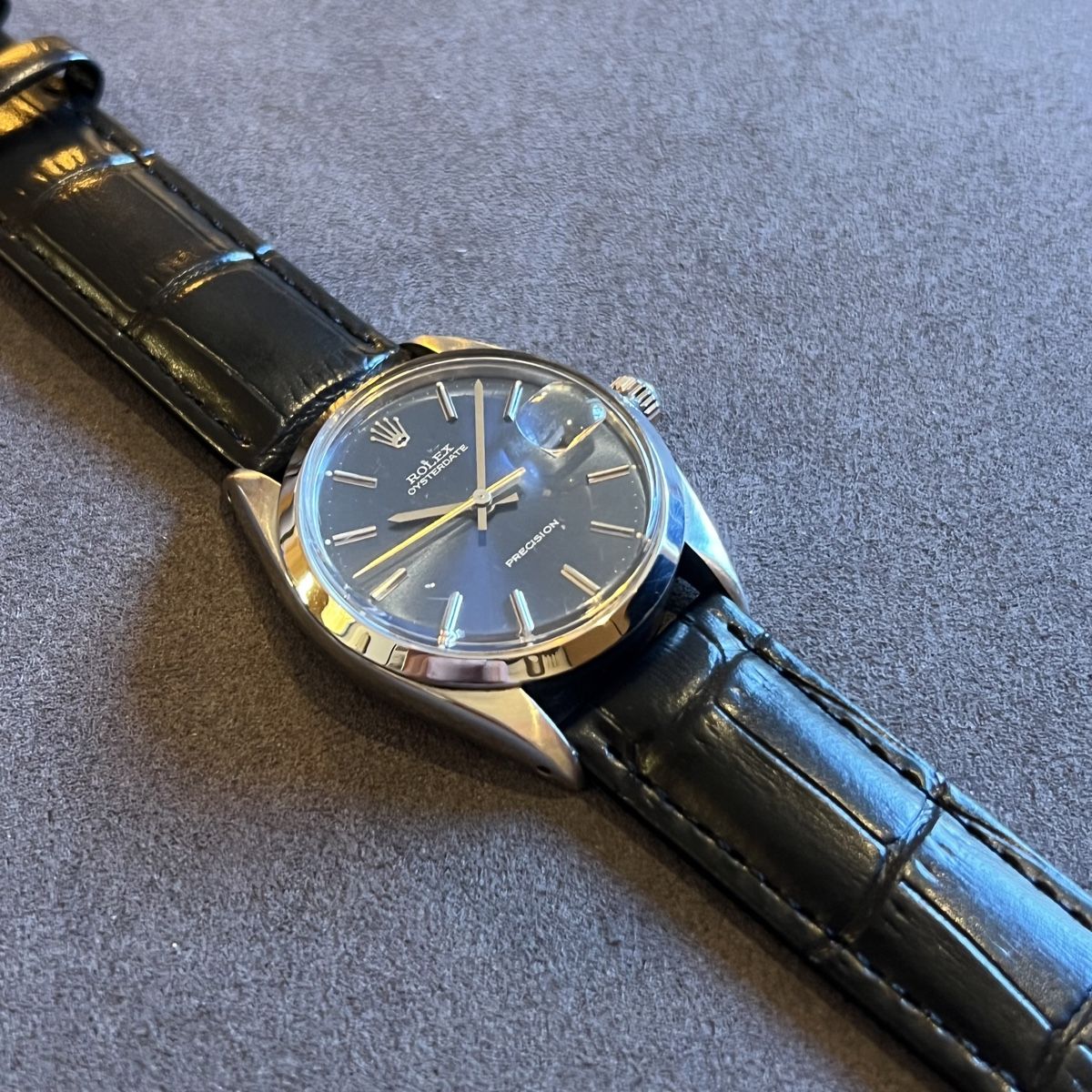 1981 Rolex Oyster Date Precision Classic Model 6694 with Stunning Blue satin Dial and gold Markers in Stainless Steel